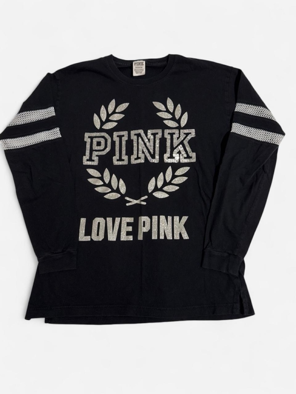 PINK Victoria's Secret Black Long-Sleeve Graphic Tee with Silver Glitter